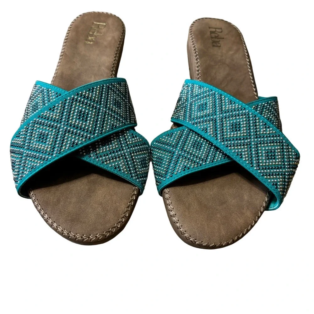 Reba Nell Women's Turquoise Silver and Gold Beaded Sandals Vegan size 7.5